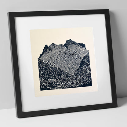 Graphic Monochrome Langdale Pikes lake district fell art print in black frame