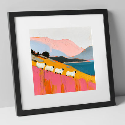 Vibrant Herdwicks Above Teal Lake lake district wildlife art print in black frame