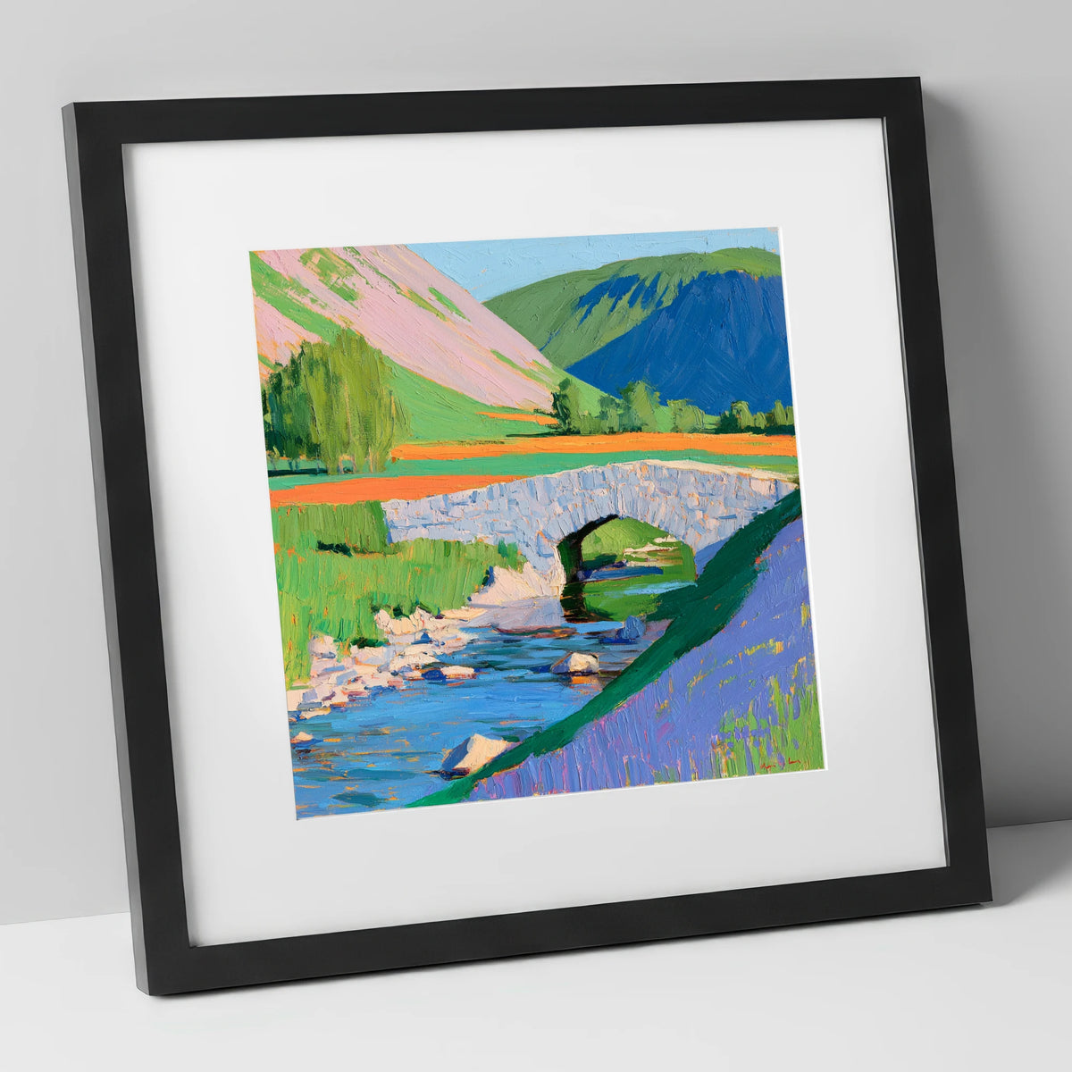 Vibrant Stone Bridge And Beck lake district waterfall art print in black frame