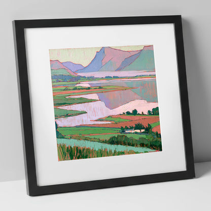 Morning Mist Over Pastel Valley lake district sky art print in black frame