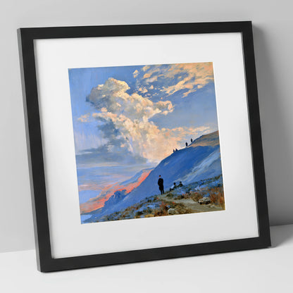 Fell Hikers Under Sunlit Clouds lake district fell art print in black frame