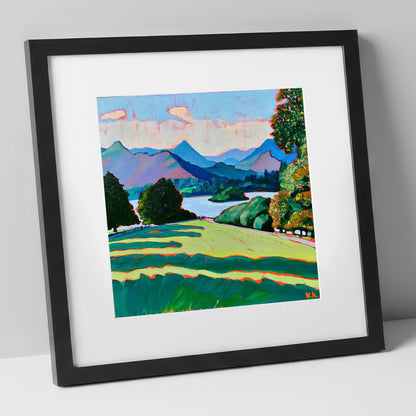 Vibrant Derwentwater From Crow Park lake district village art print in black frame