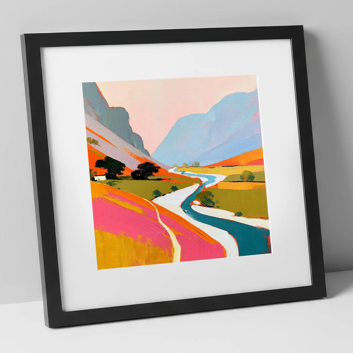 Vibrant River Winding Through Fells lake district waterfall art print in black frame