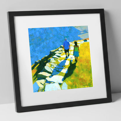 Summer Fell Walk with Blue Shadows lake district walking art print in black frame