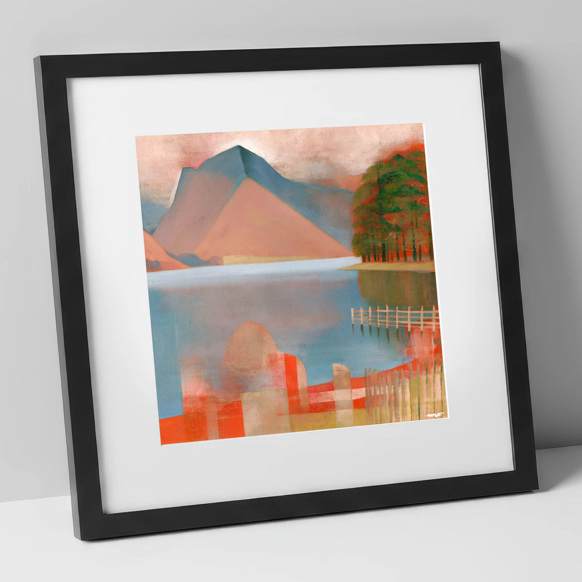 Buttermere in Warm Terracotta lake district lake art print in black frame