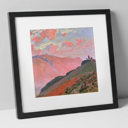 Hikers on a Pink Sunset Fell lake district fell art print in black frame