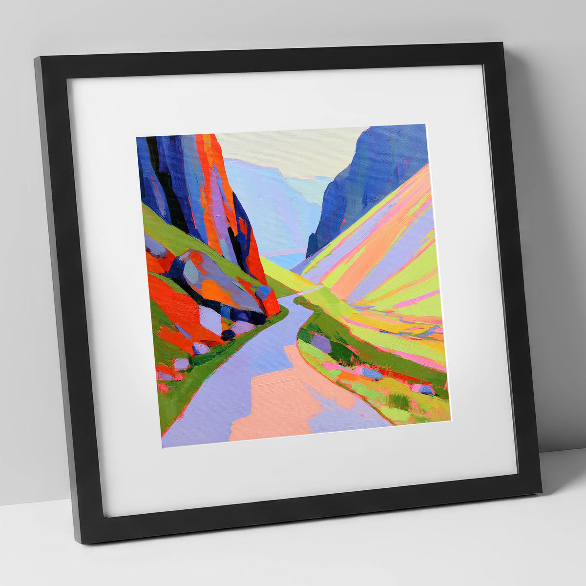 Winding Pass in Bold Hues lake district valley art print in black frame