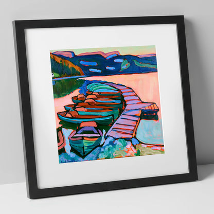 Bold Windermere Boats and Jetty lake district lake art print in black frame