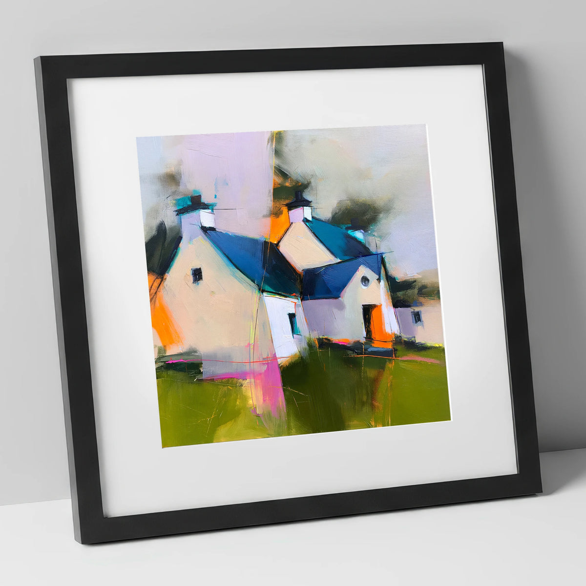 Colourful Slate Roofed Cottages lake district village art print in black frame