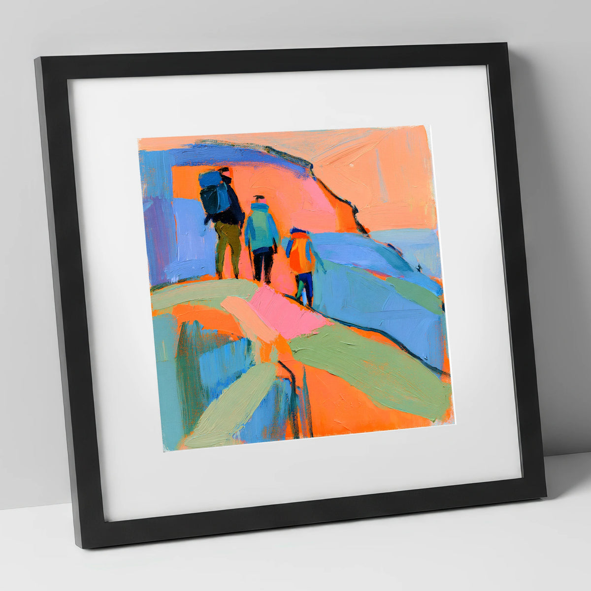 Abstract Hikers on a Fell lake district fell art print in black frame