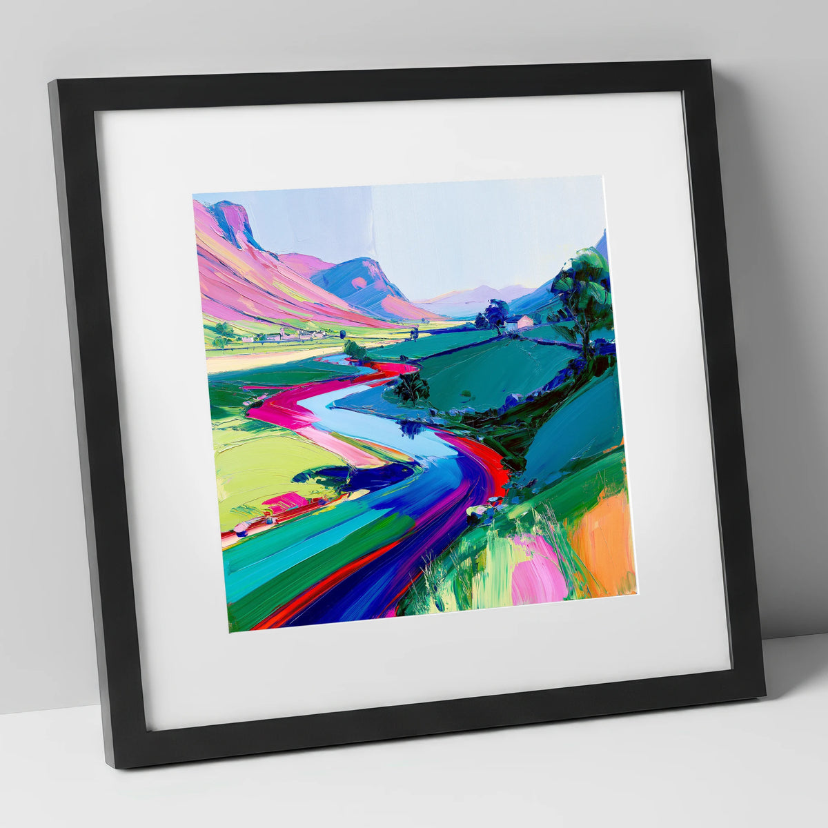 Vivid Winding River Through Fells lake district waterfall art print in black frame