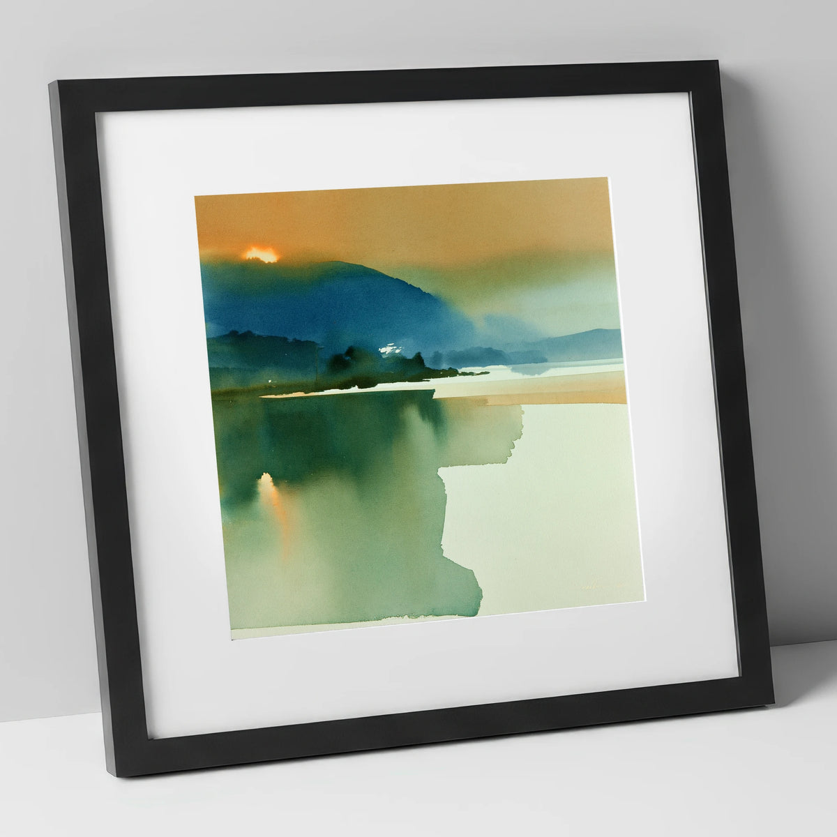 Teal and Gold Lake Sunset lake district lake art print in black frame