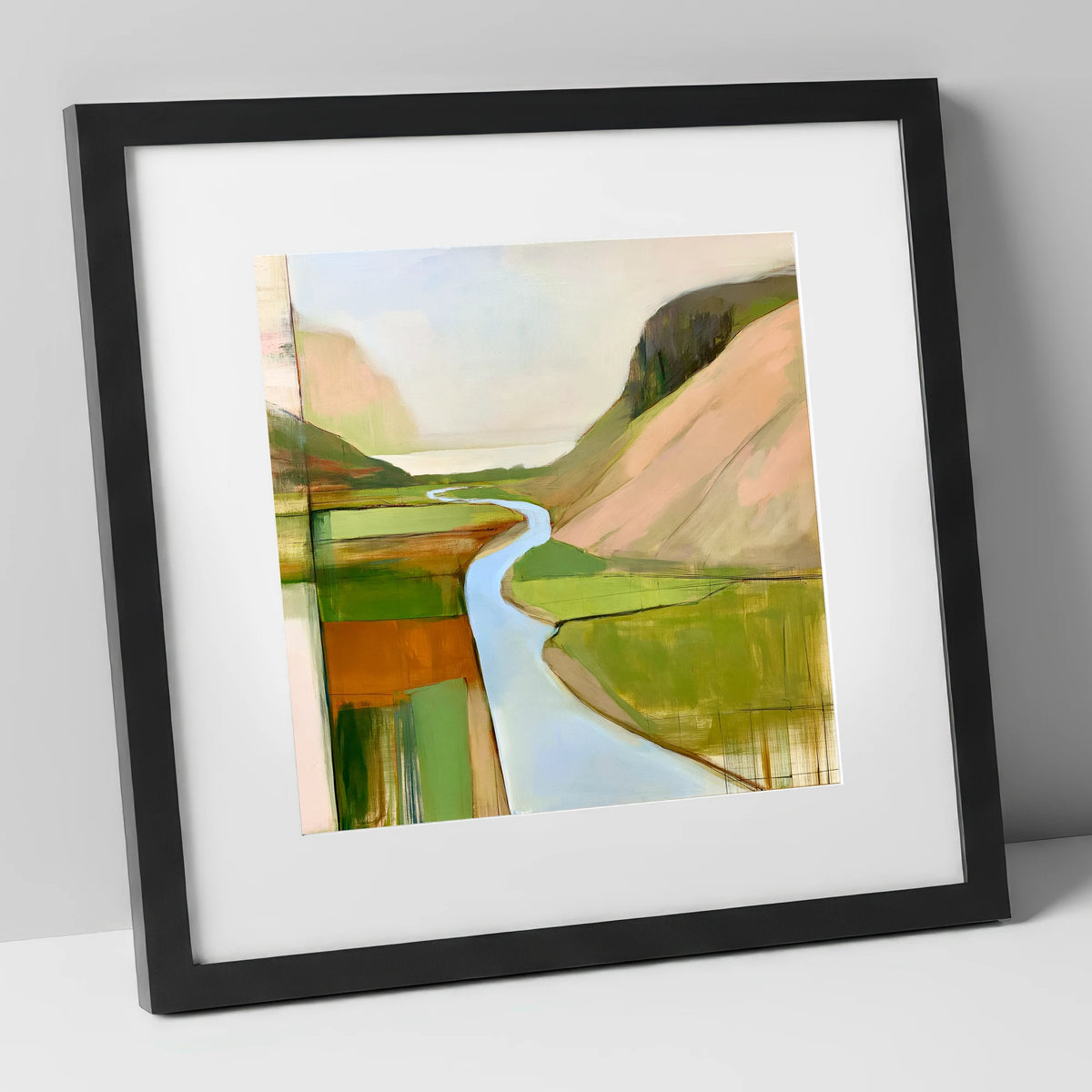 Azure Winding River Valley lake district waterfall art print in black frame