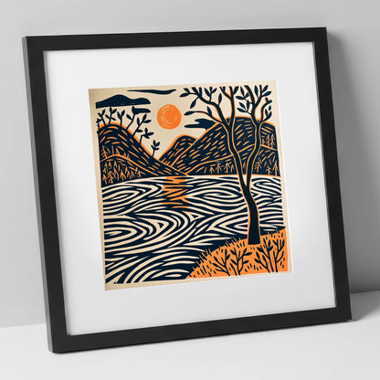 Dawn Lake in Terracotta and Navy lake district lake art print in black frame