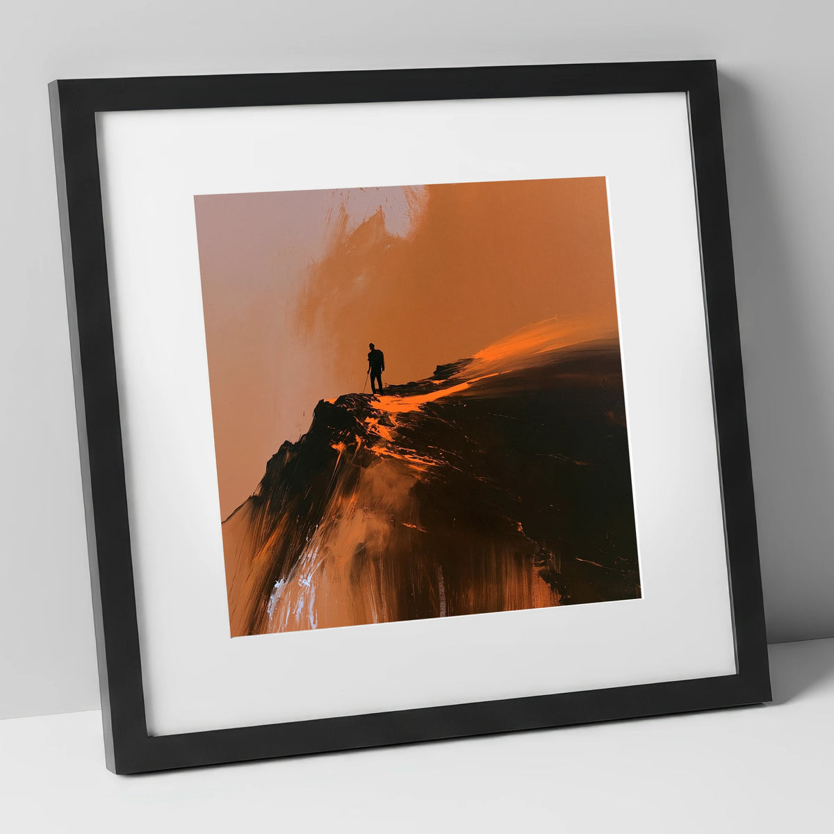 Helvellyn Walker in Amber Light lake district walking art print in black frame