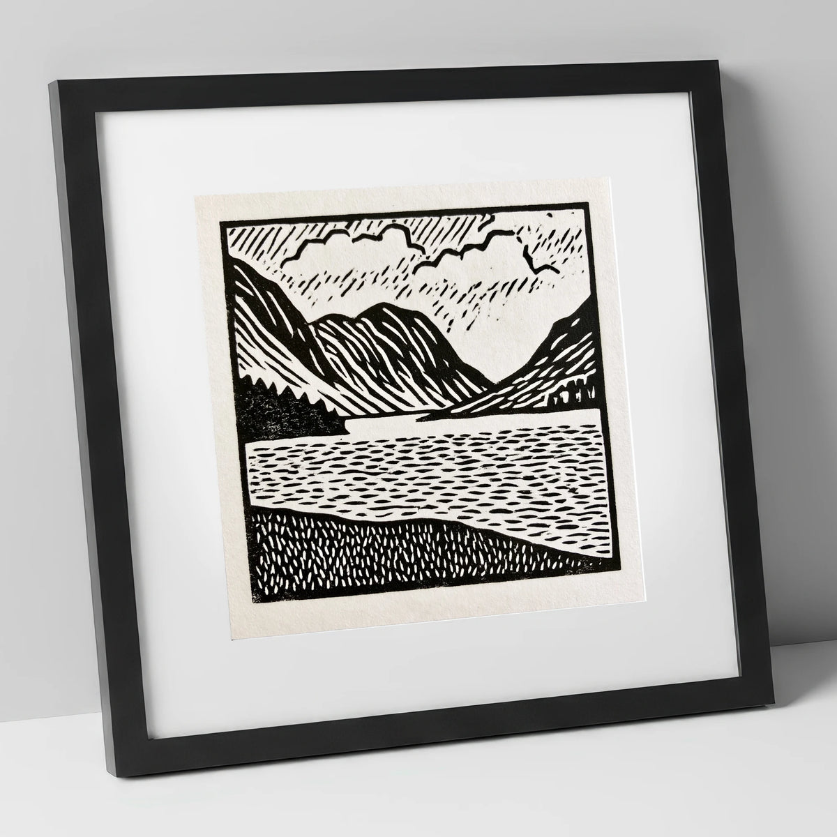 Monochrome Crummock Water Landscape lake district lake art print in black frame