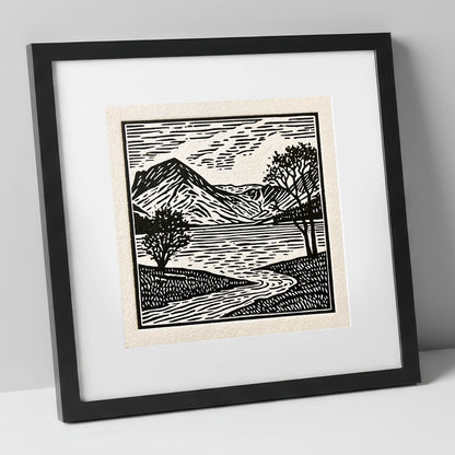 Graphic Monochrome Buttermere Fells lake district lake art print in black frame