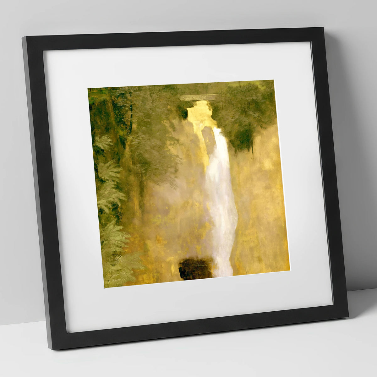Golden Light at Aira Force lake district waterfall art print in black frame
