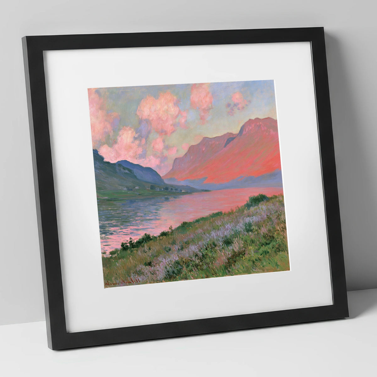 Mountain Lake in Pink Sunset lake district lake art print in black frame