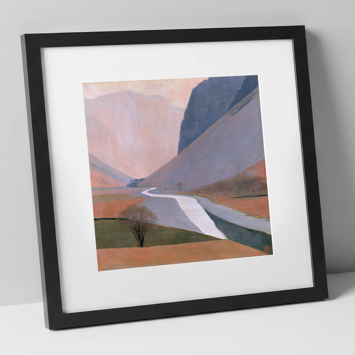 Winding River Beneath Slate Fells lake district waterfall art print in black frame