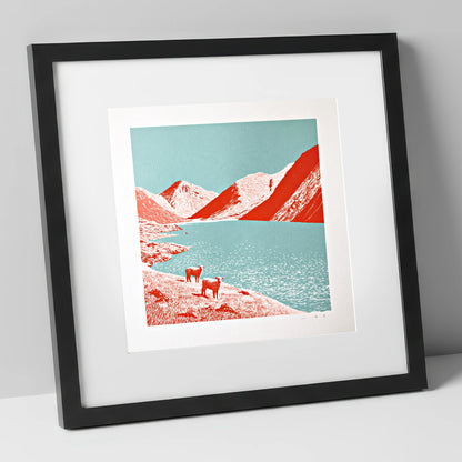 Wastwater Fells in Bold Red lake district lake art print in black frame