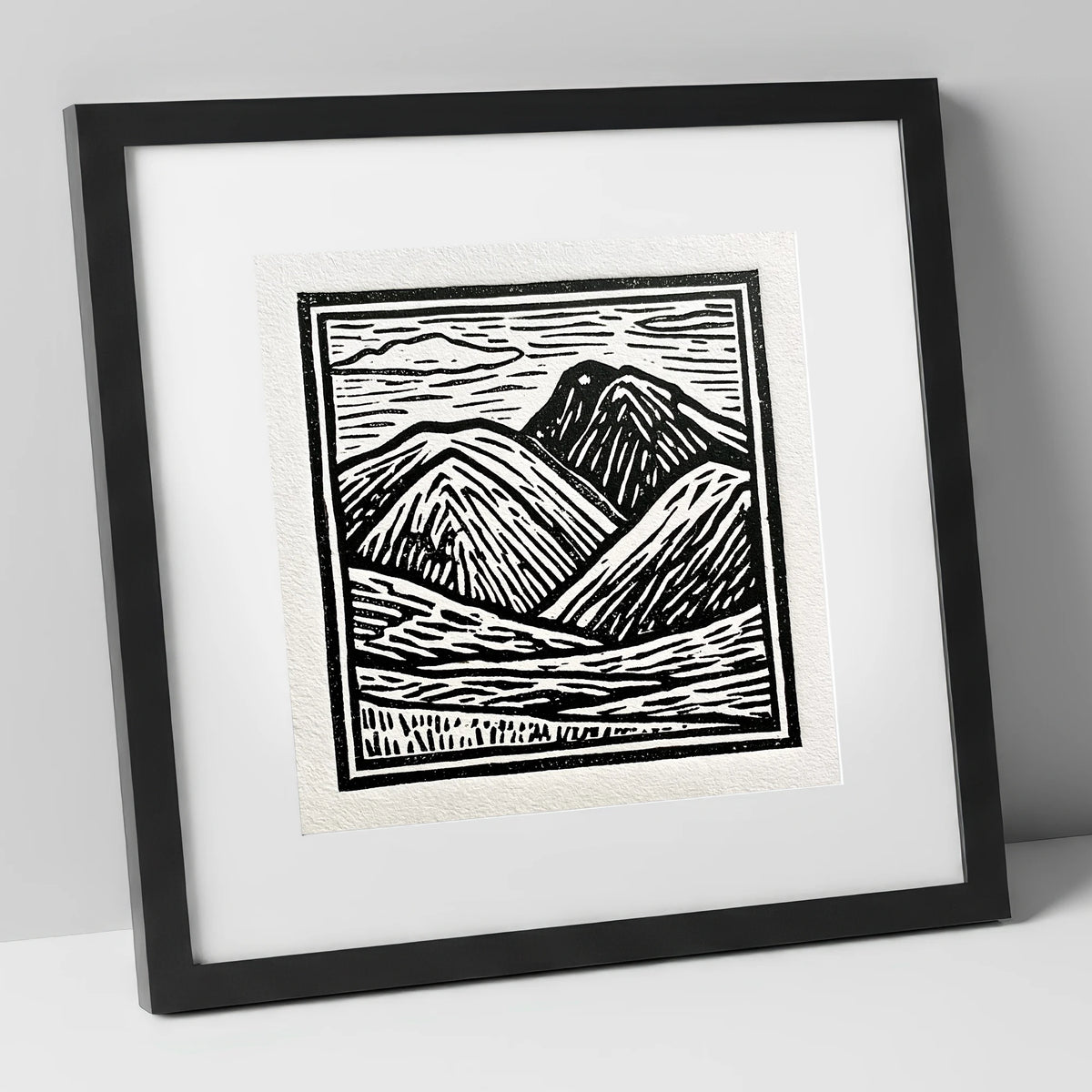 Bowfell in Stark Black and White lake district fell art print in black frame