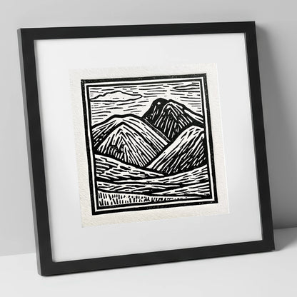 Bowfell in Stark Black and White lake district fell art print in black frame