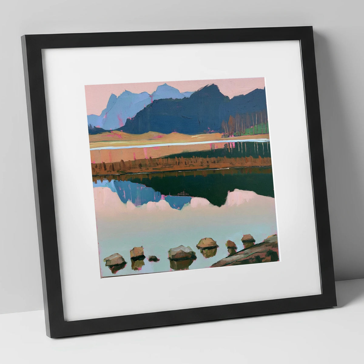 Blea Tarn with Pink Reflections lake district fell art print in black frame