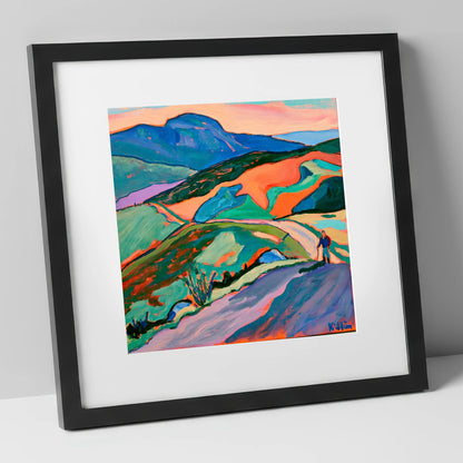 Lone Hiker on Colourful Fells lake district walking art print in black frame