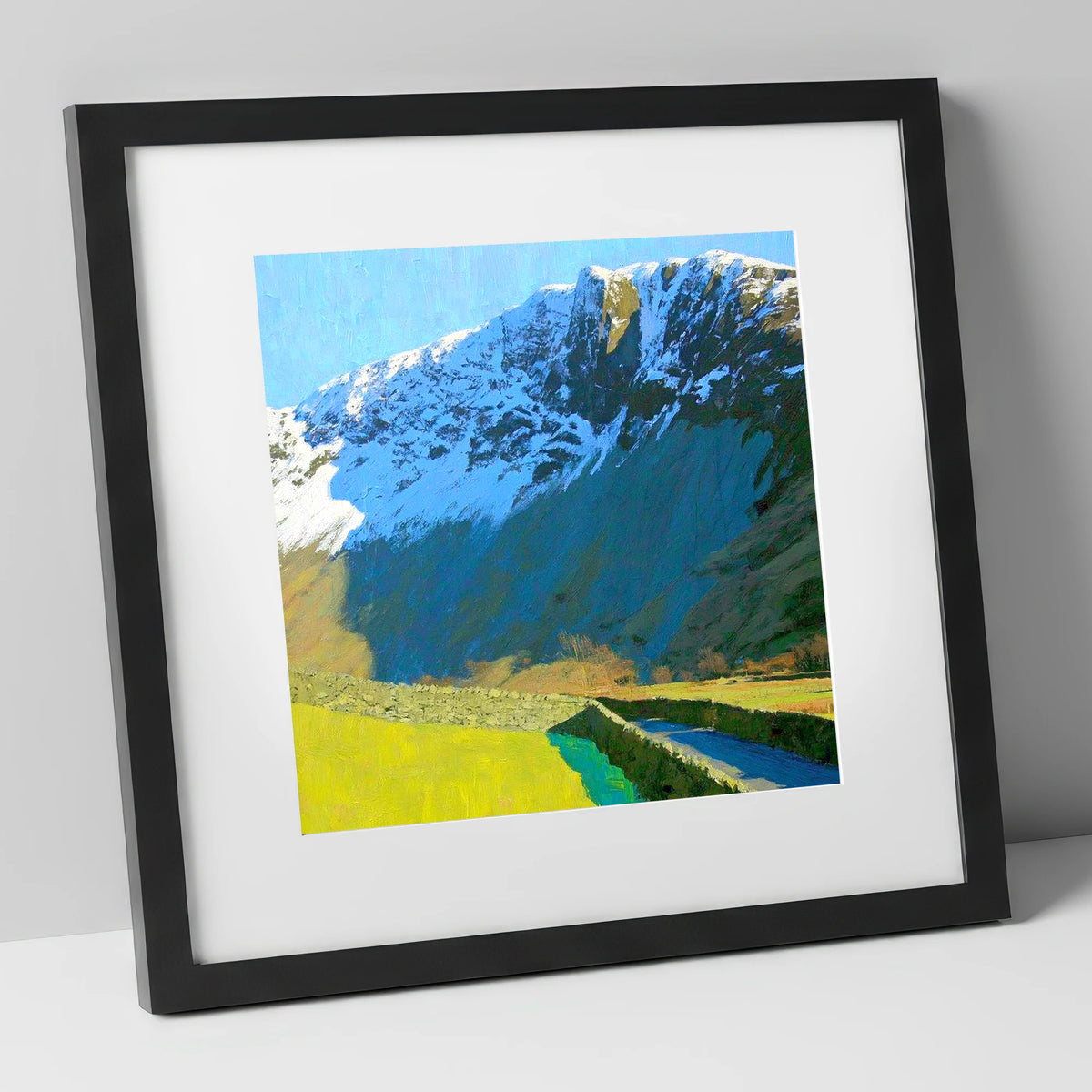 Vibrant Base Brown Snowy Ridge lake district fell art print in black frame