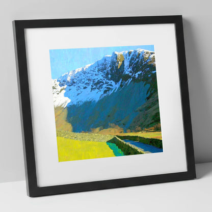 Vibrant Base Brown Snowy Ridge lake district fell art print in black frame