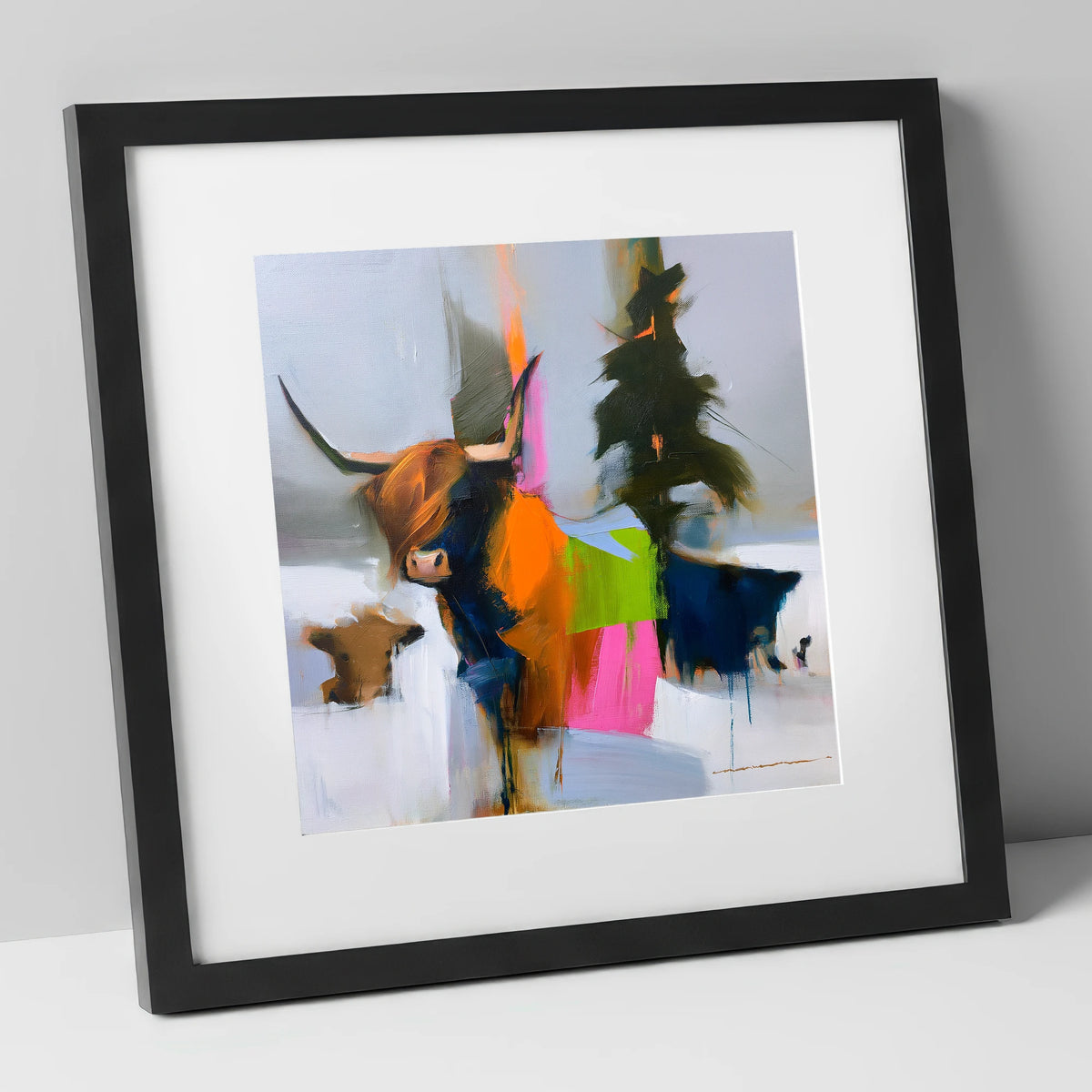 Highland Cow in Vibrant Colour lake district wildlife art print in black frame