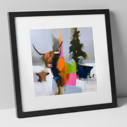Highland Cow in Vibrant Colour lake district wildlife art print in black frame