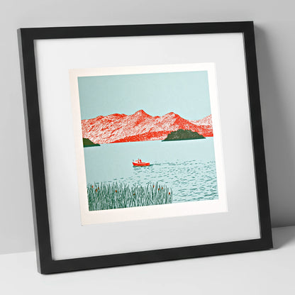 Derwentwater Fells in Vivid Red lake district lake art print in black frame