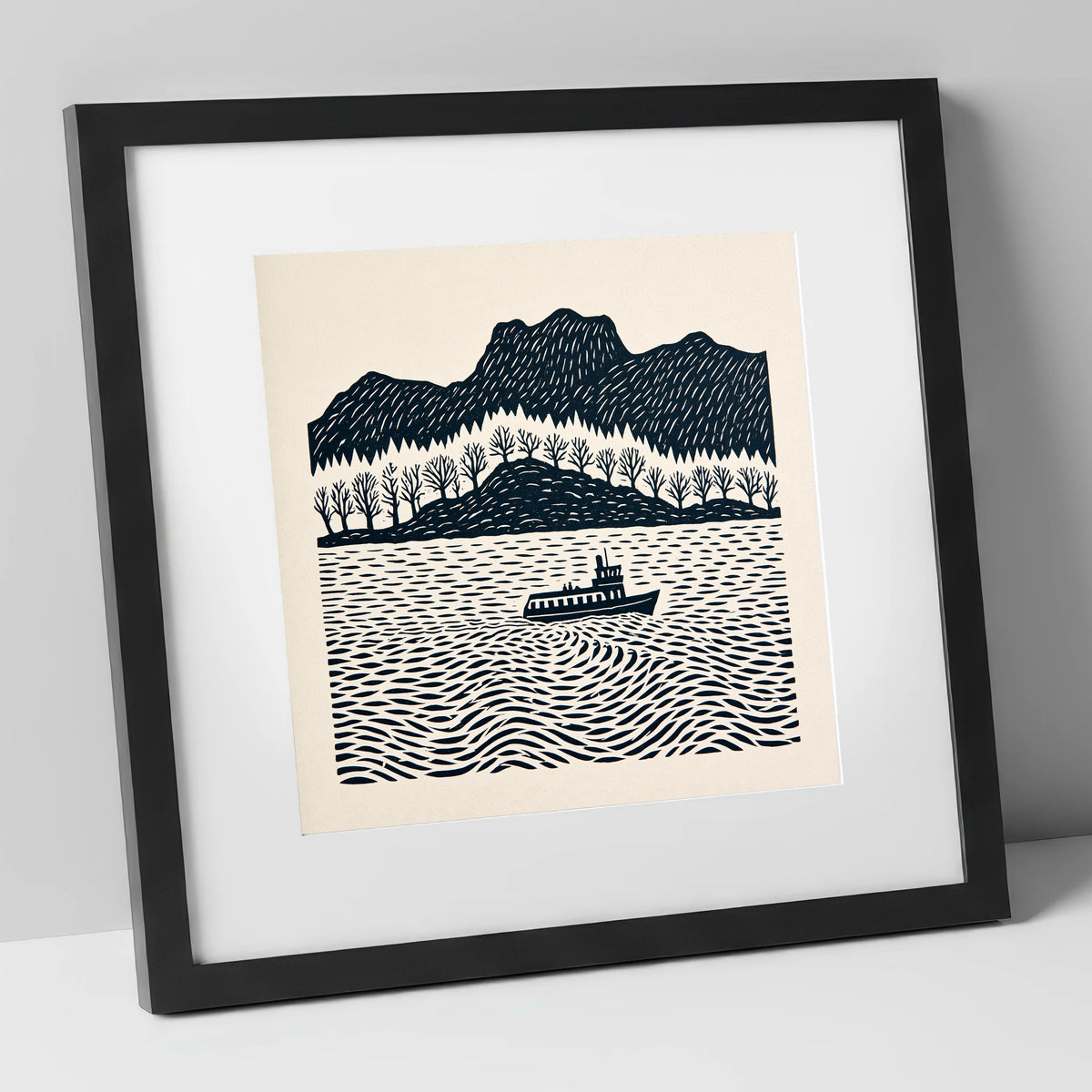 Windermere Steamer on Rhythmic Waters lake district lake art print in black frame