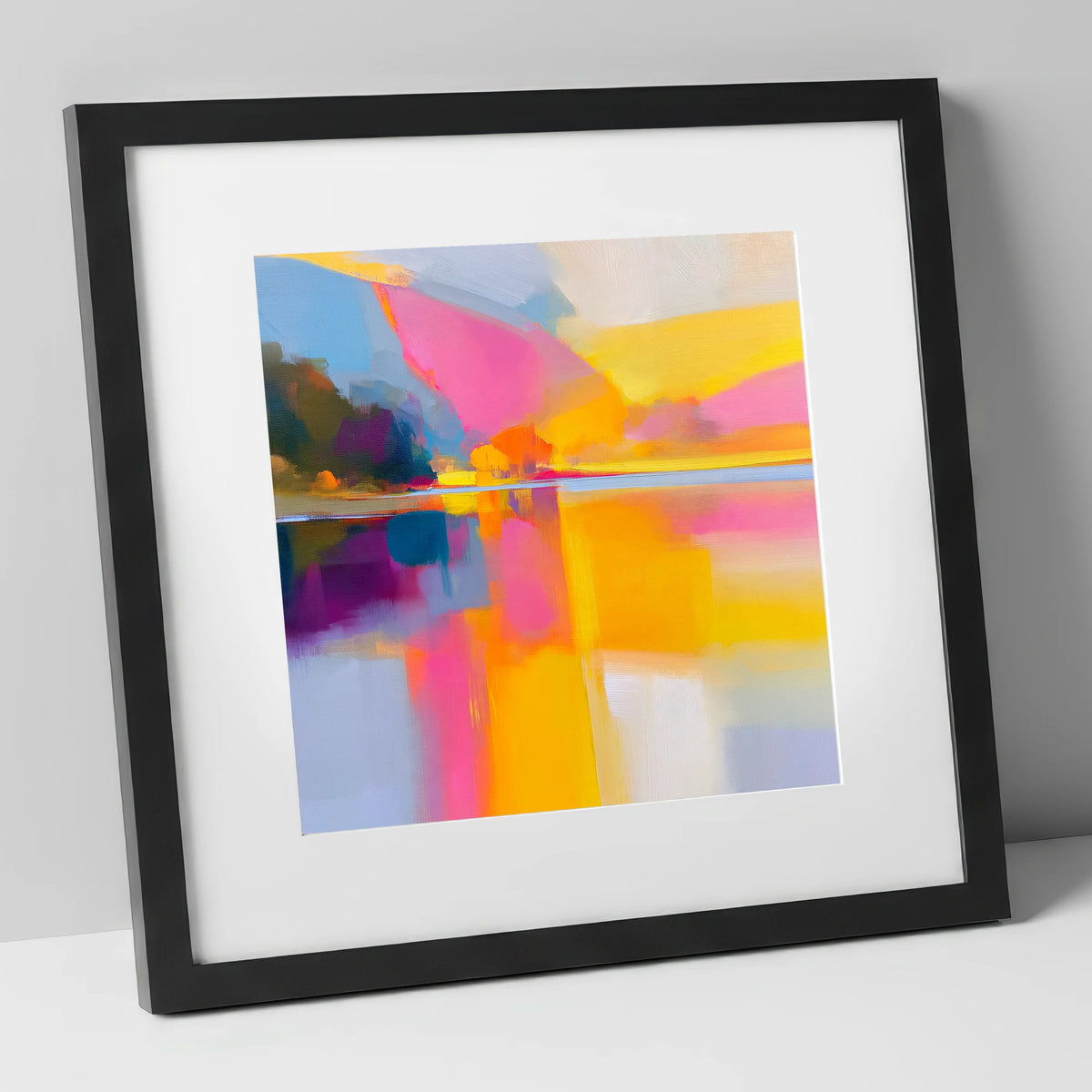 Vibrant Pink Calm Lake Reflections lake district lake art print in black frame