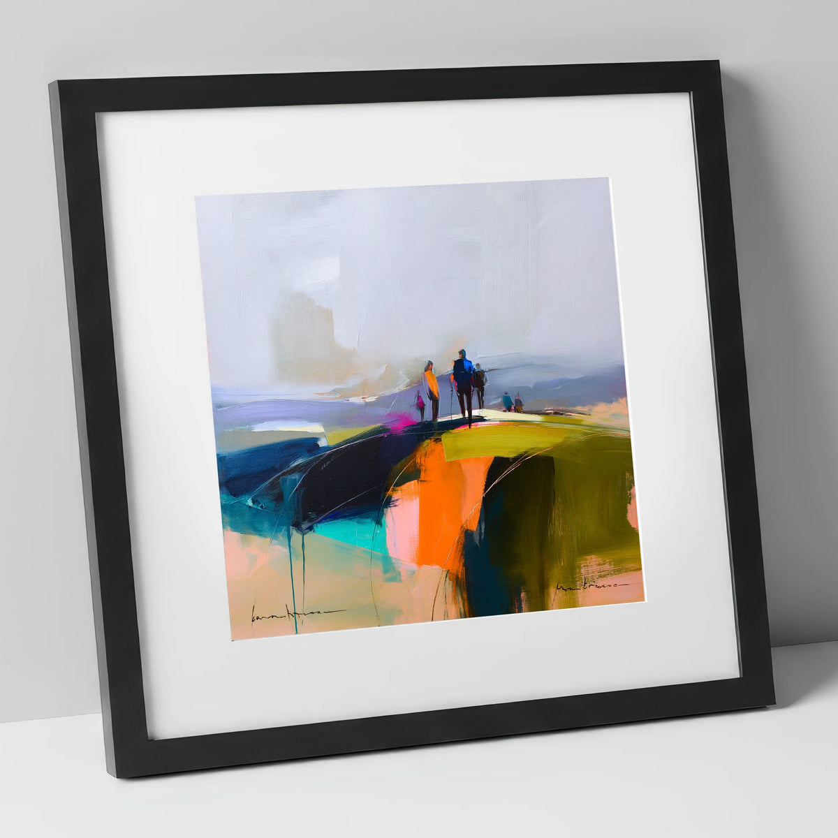 Abstract Fell Top Walkers lake district fell art print in black frame