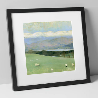 Hawkshead Pastures and Snow-Capped Fells lake district village art print in black frame
