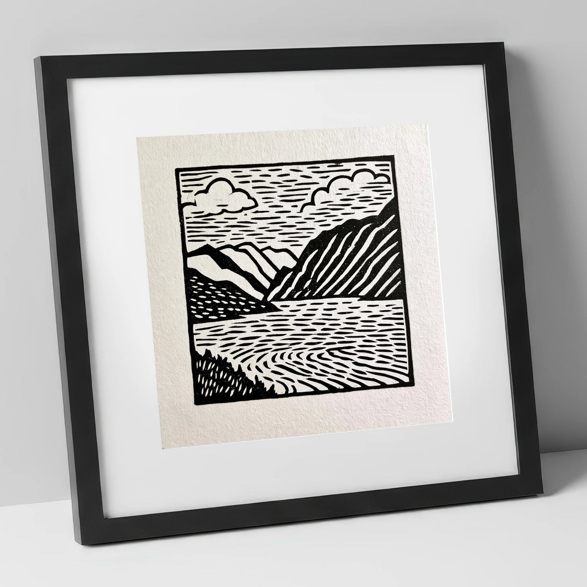 Graphic Monochrome Lake and Fells lake district lake art print in black frame