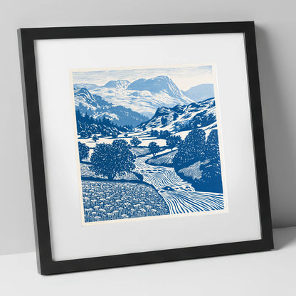 Cobalt Blue Eskdale Valley lake district valley art print in black frame