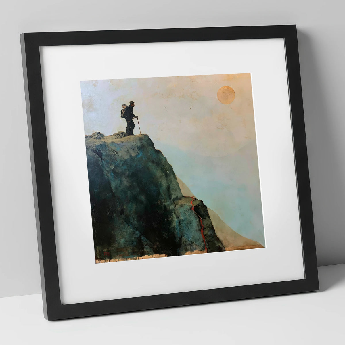 Striding Edge Silhouette and Golden Sun lake district walking art print in black frame