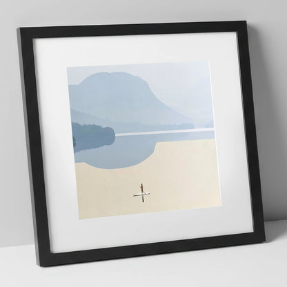 Paddleboarding Under Misty Blue Fells lake district walking art print in black frame