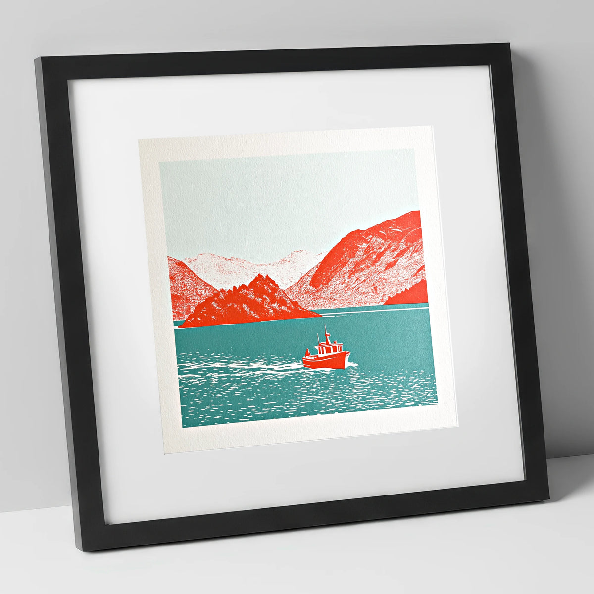Red Boat on Teal Derwentwater lake district lake art print in black frame