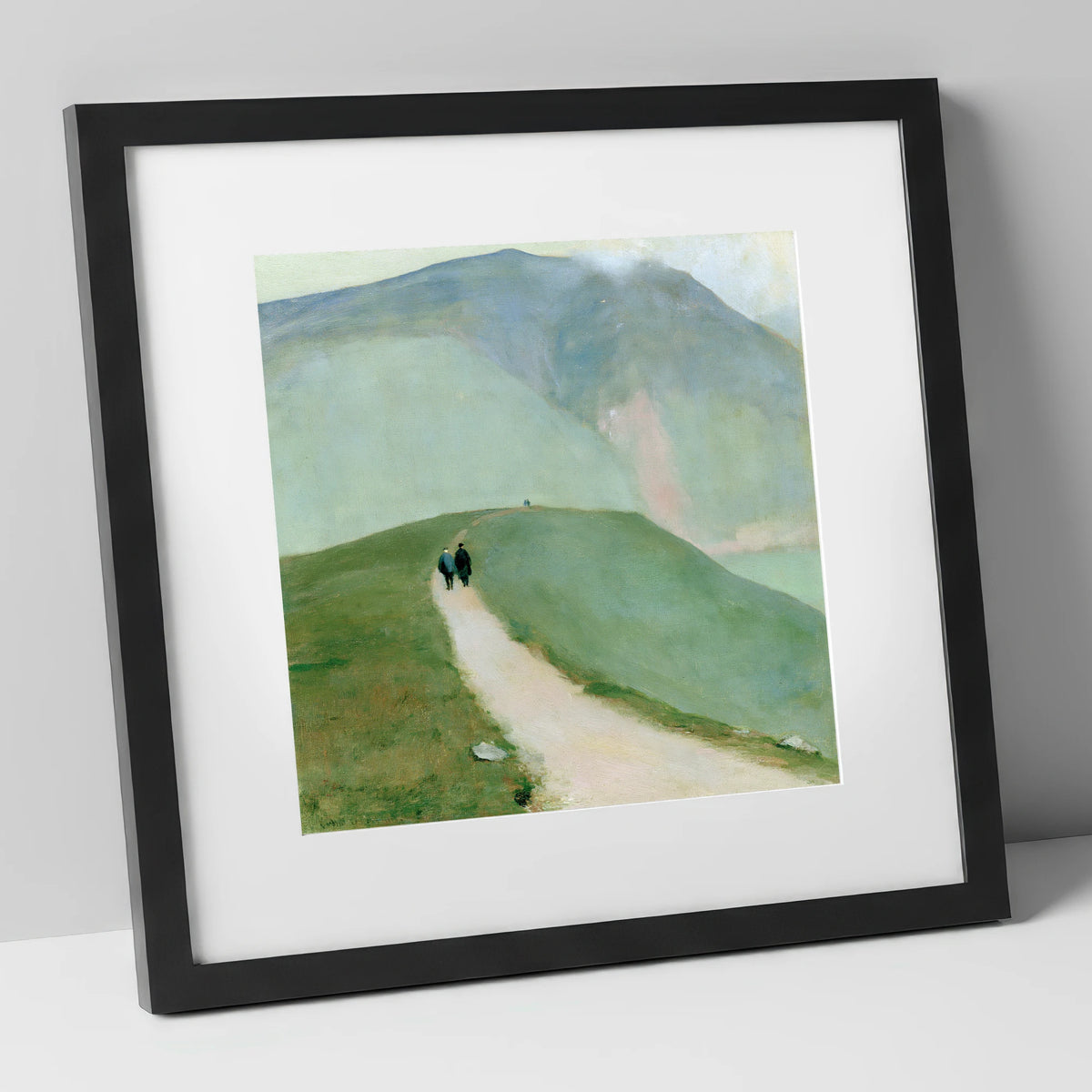 Walkers on a Hazy Fell Path lake district walking art print in black frame
