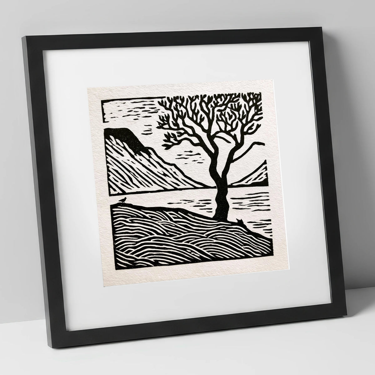 Monochrome Wasdale Fells and Tree lake district valley art print in black frame