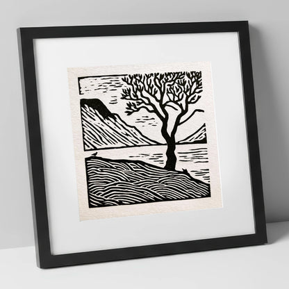 Monochrome Wasdale Fells and Tree lake district valley art print in black frame