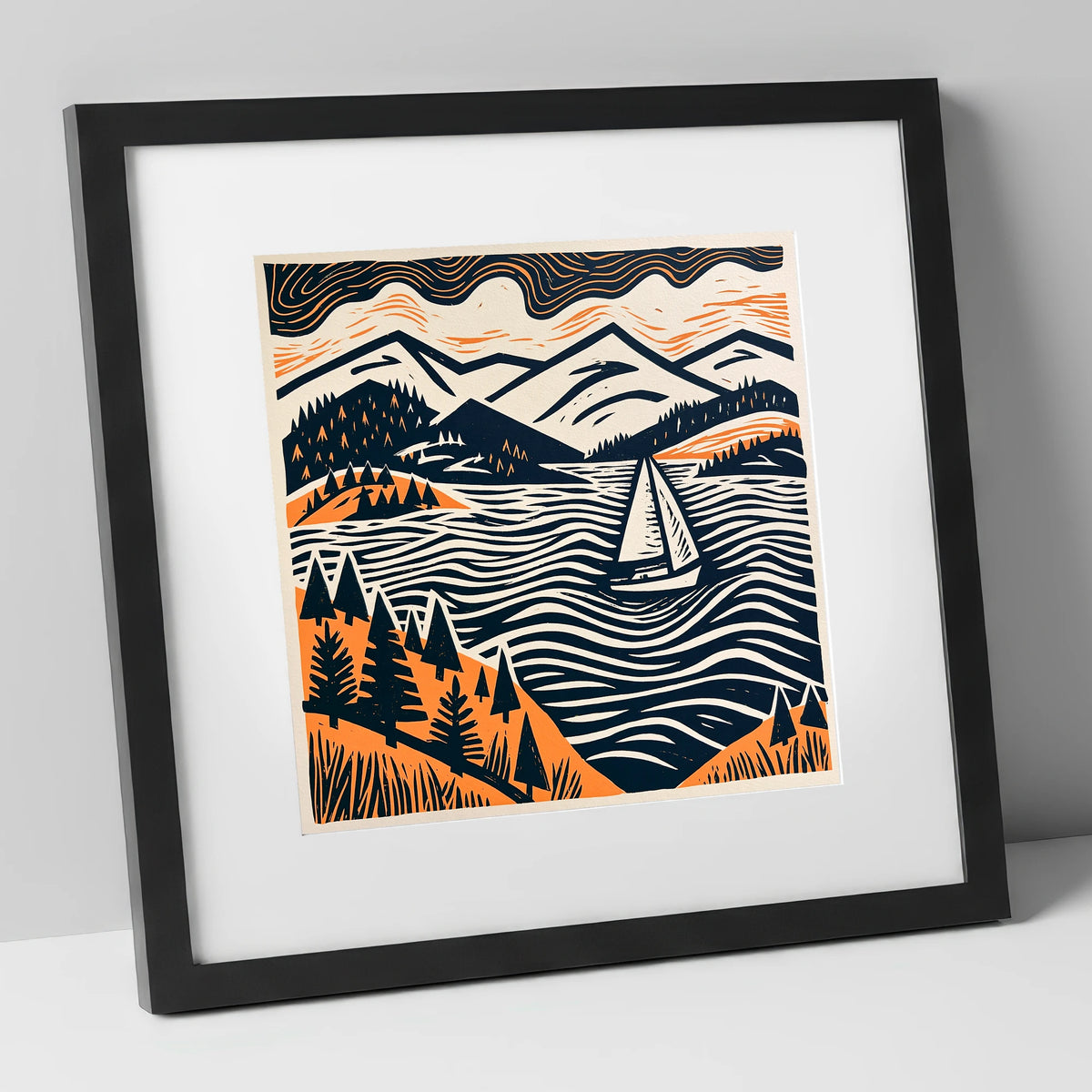 Windermere Sailboat in Terracotta and Navy lake district lake art print in black frame
