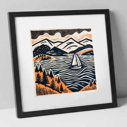 Windermere Sailboat in Terracotta and Navy lake district lake art print in black frame