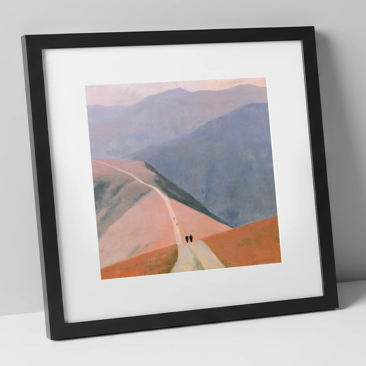 Walkers on a Pastel Mountain Path lake district walking art print in black frame