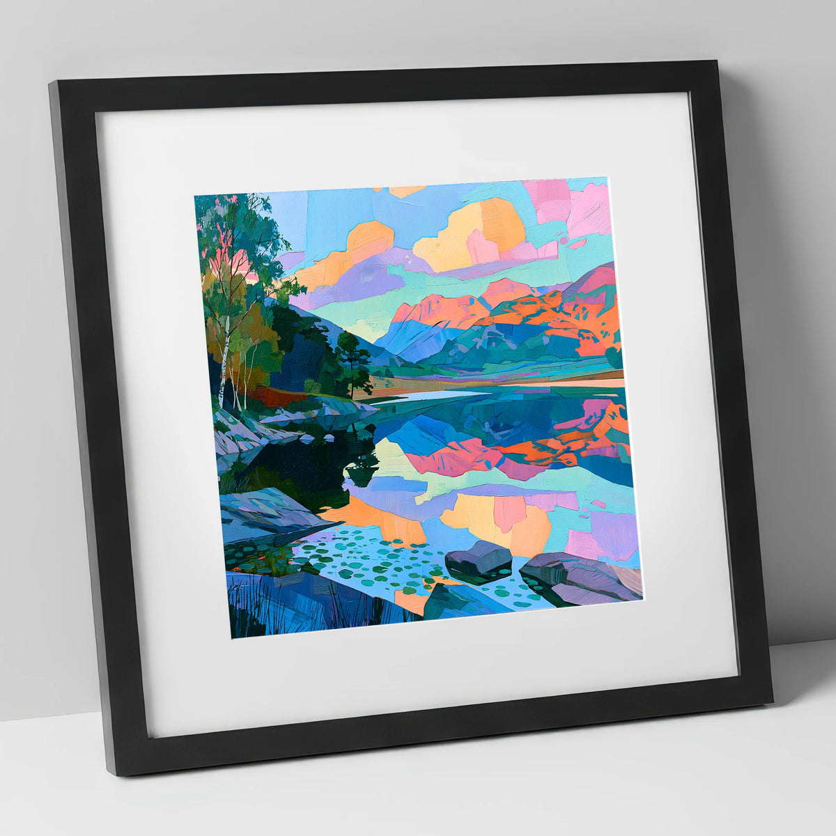 Pastel Dawn Over Still Lake lake district lake art print in black frame
